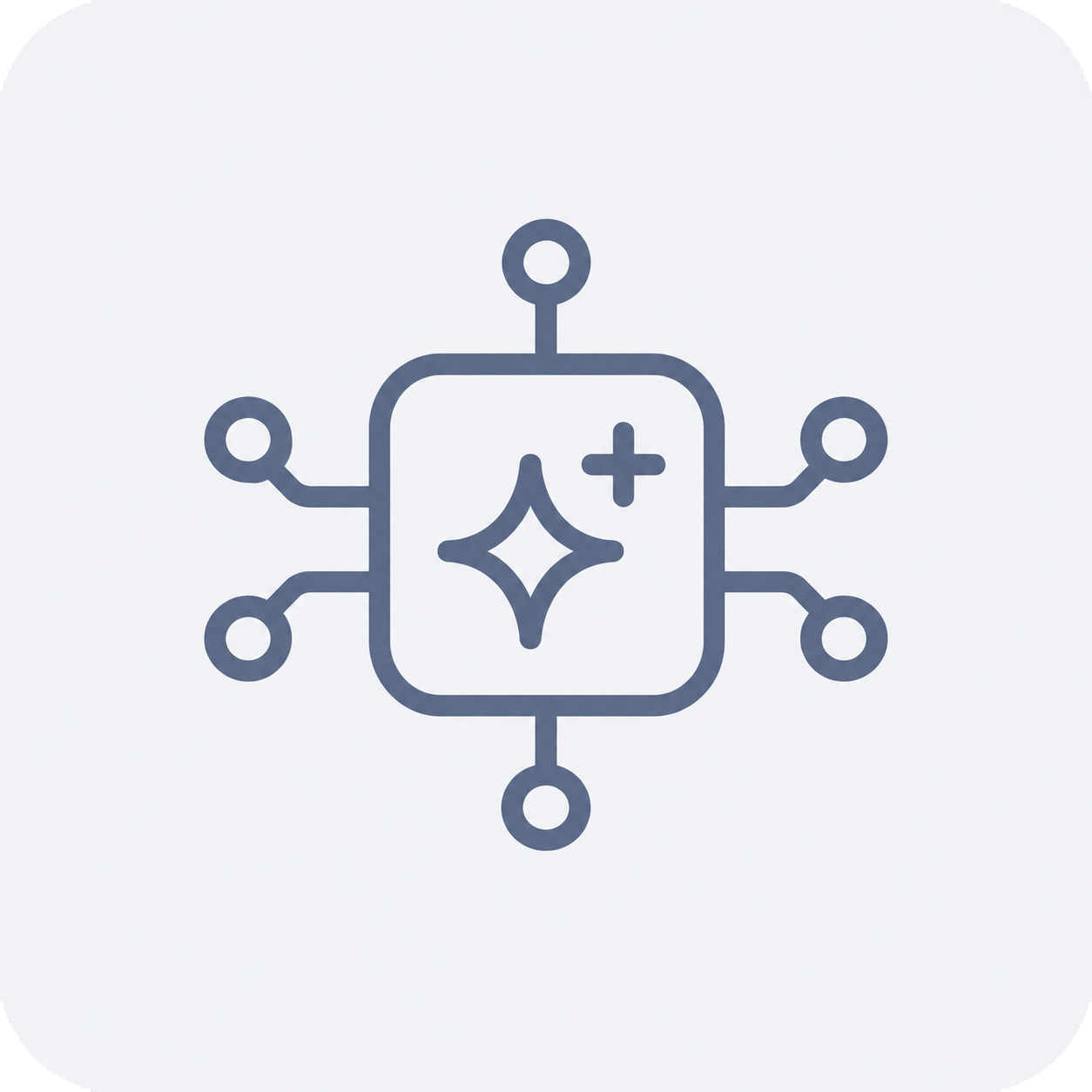 Line-art AI microchip icon with connected circuit nodes and sparkle symbols in muted blue-gray.