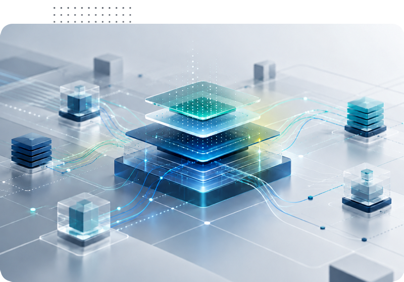 Abstract illustration of layered glass technology platforms connected by glowing blue and subtle green data pathways.