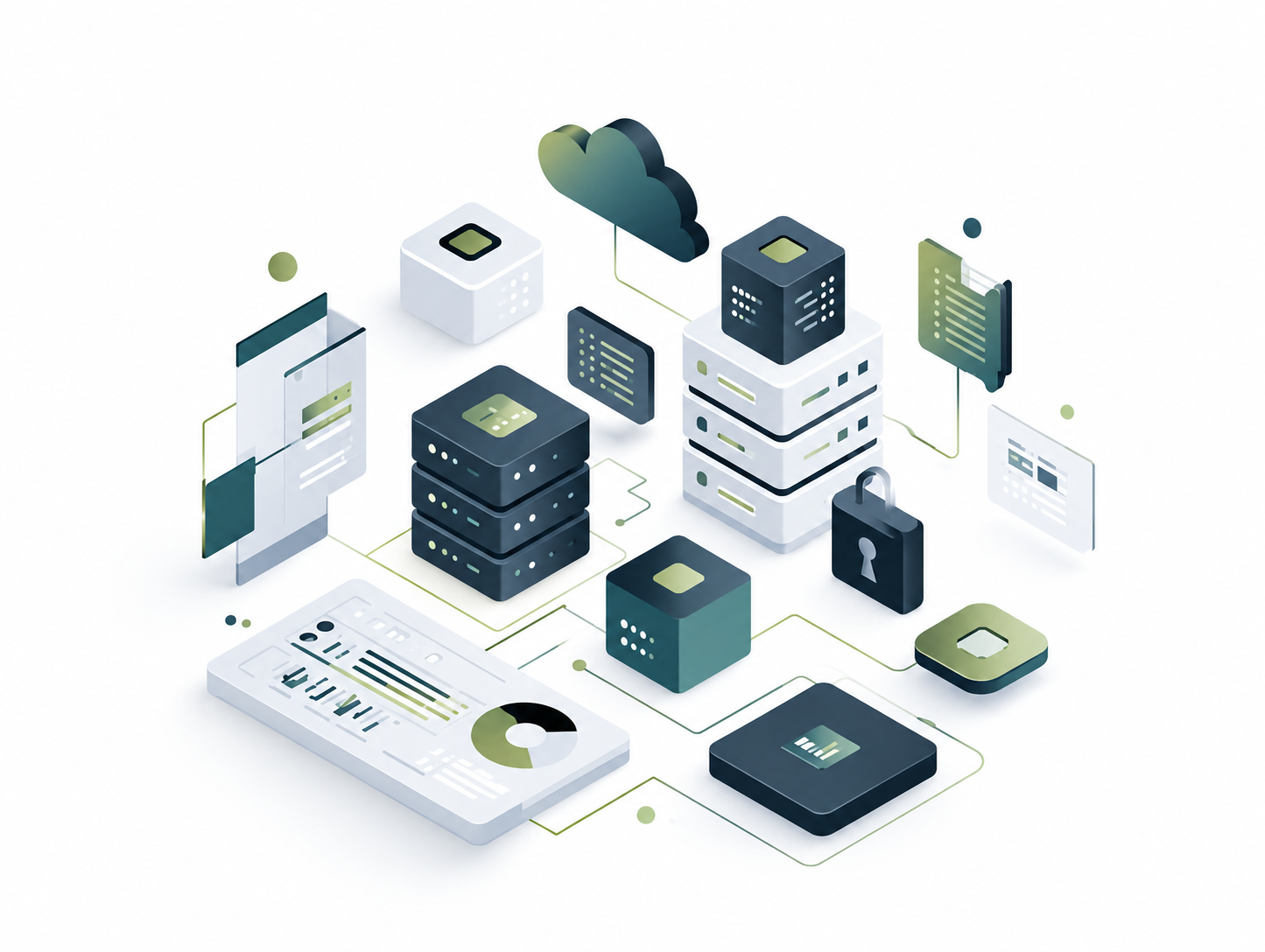 AI Readiness Assessment | MSF&W Isometric illustration of interconnected servers, cloud infrastructure, data dashboards and security elements in navy, teal and sage green.