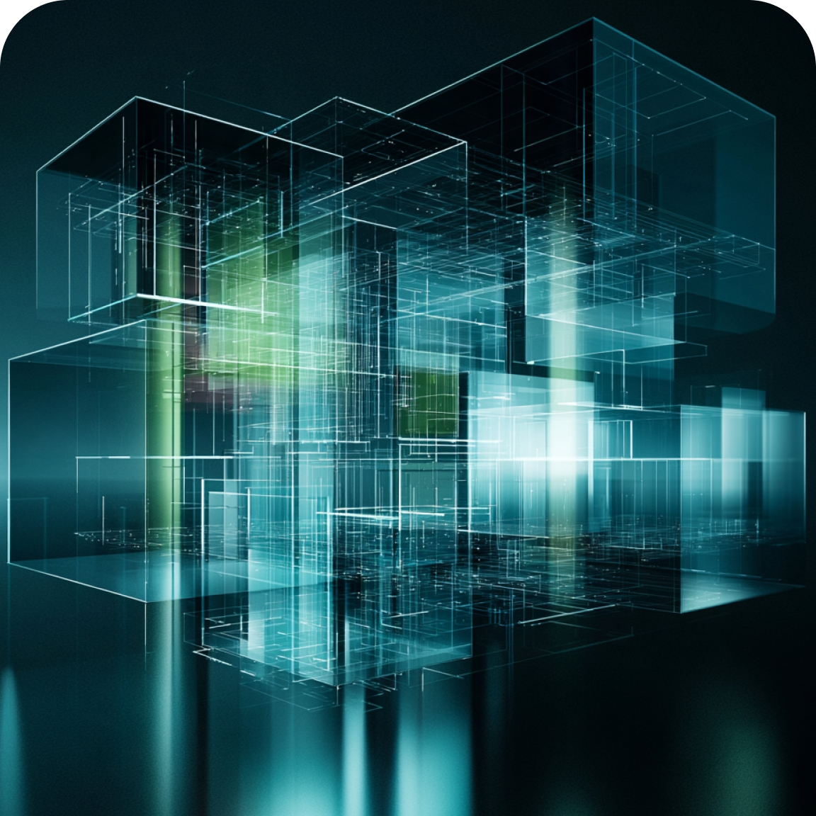 AI Readiness & Strategy | MSF&W Abstract layers of translucent glass panels with interconnected lines, representing AI strategy, data organization and technology planning.