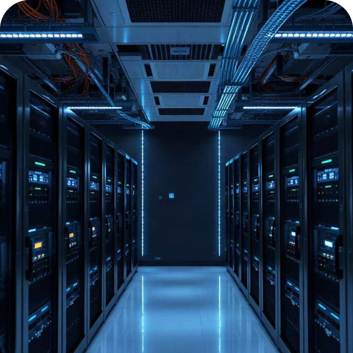 Enterprise Data & AI Enablement | MSF&W Modern data center with rows of illuminated server racks representing enterprise data infrastructure.
