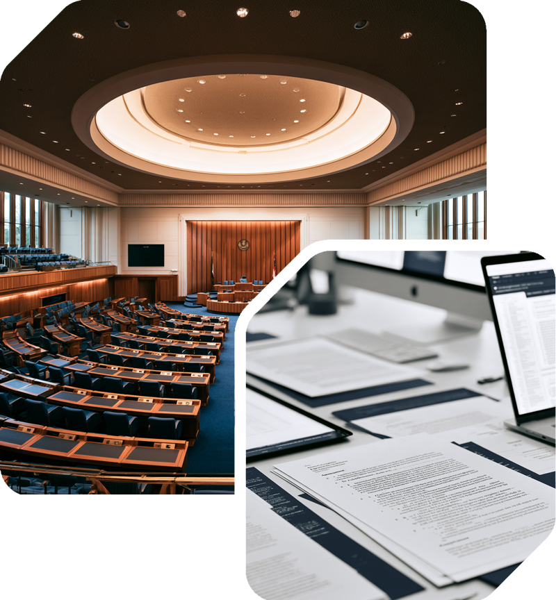 Legislative Analysis System Development Composite of a legislative chamber and a workspace with printed documents and a laptop.