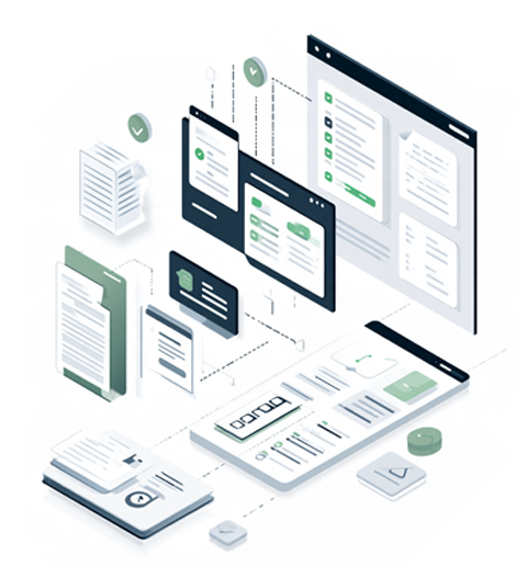 Legislative Analysis System Modernization Isometric illustration of connected software interfaces, documents, and checklists with green accents.
