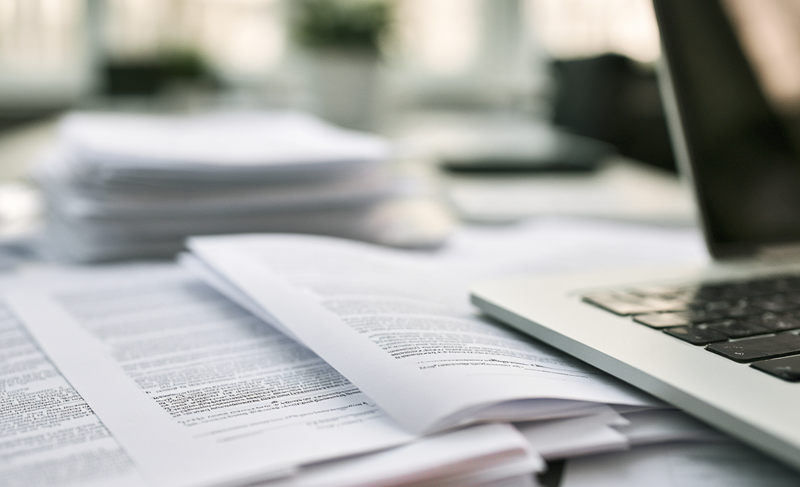 Legislative documents spread across a desk beside a laptop during analysis and review