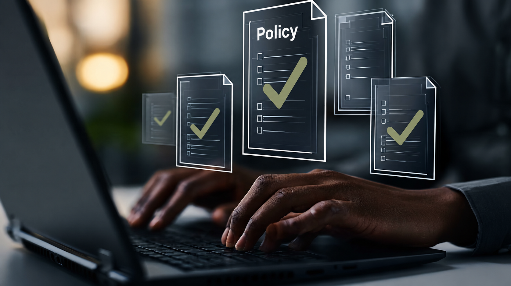 Legislative Analysis and Policy Review Hands typing on a laptop beneath digital document overlays with checkmarks and a central document labeled “Policy.”