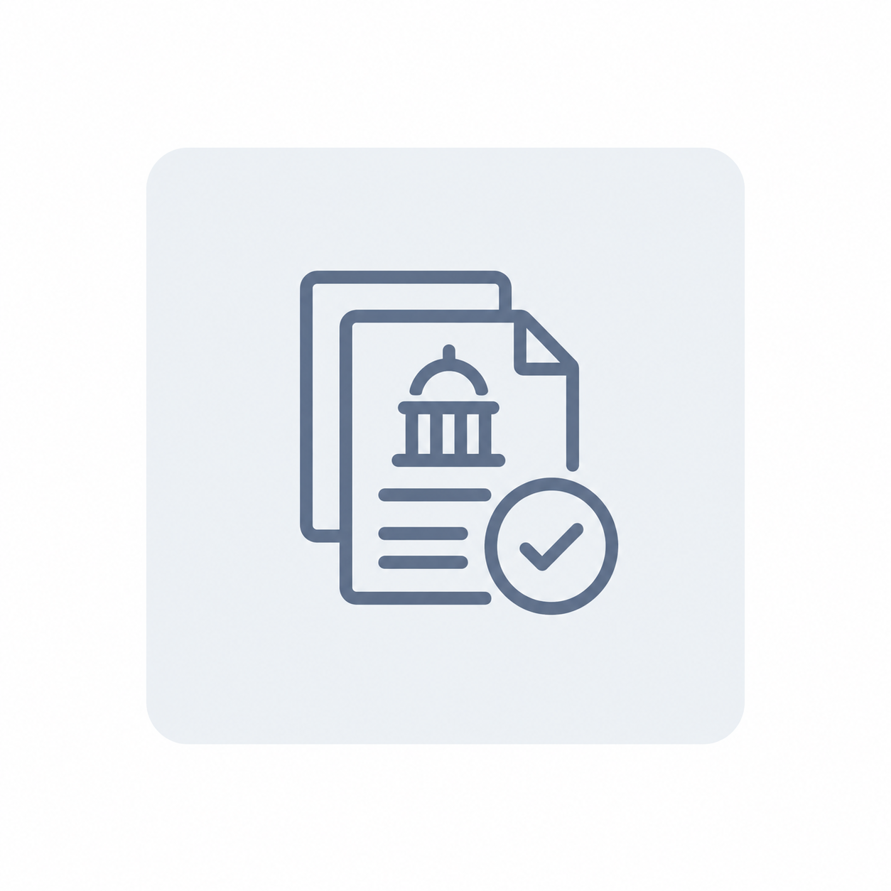 Legislative analysis document icon with government building and approval checkmark