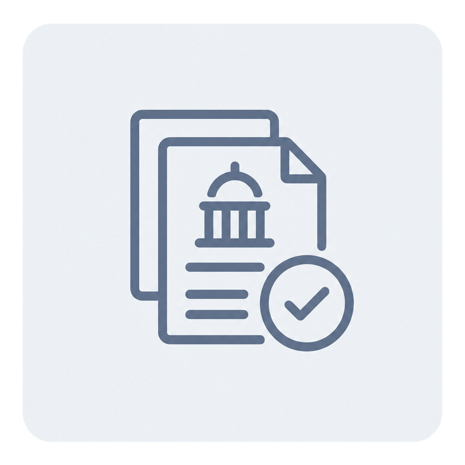 Legislative analysis document icon with government building and approval checkmark